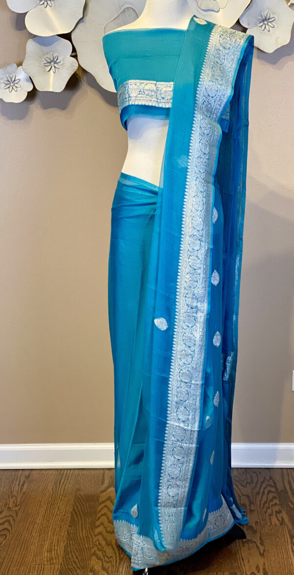 Khaddi Chiffon Silk Blue color with silver zari